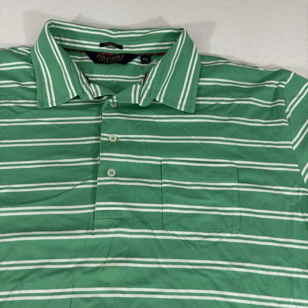 Polo Golf Ralph Lauren Vintage Lisle Pocket Polo Shirt Green/White Stripe XXL